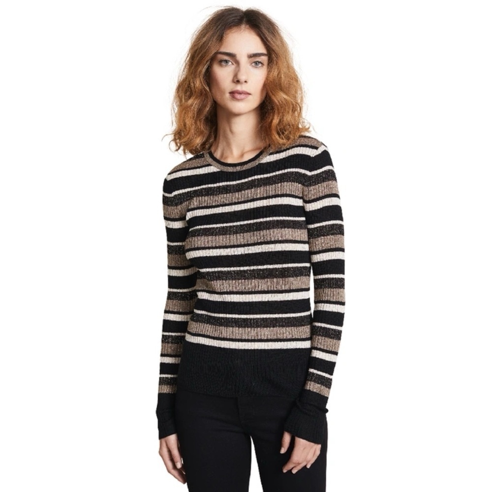Frame Metallic Striped Rib-Knit Sweater in Gold Multi Small